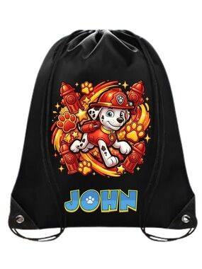 Personalized Kids Black Drawstring Backpack with Fire Pup Design